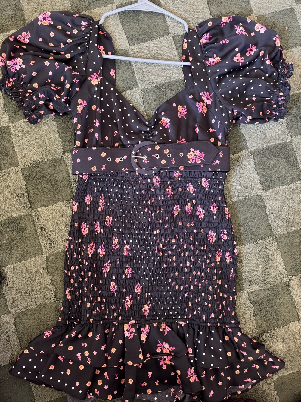 For Love & Lemons Black Mini Dress with Pink Floral Print